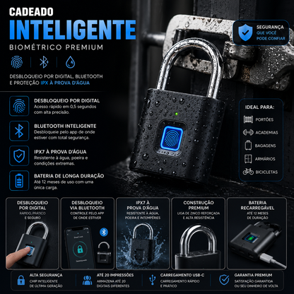 Cadeado Inteligente Biométrico Premium – Desbloqueio por Digital, Bluetooth e Proteção IPX à Prova d’Água