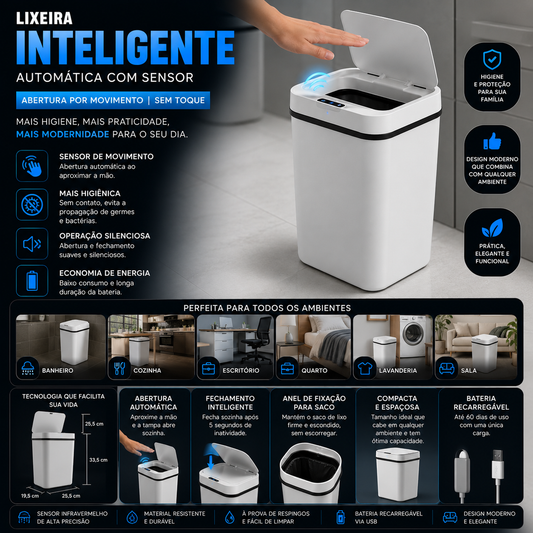 Lixeira Inteligente Automática com Sensor – Abertura por Movimento | Sem Toque, Higiênica e Moderna