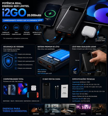 Power Bank i2GO 20.000mAh – Carregamento Rápido USB-C | Alta Performance Portátil